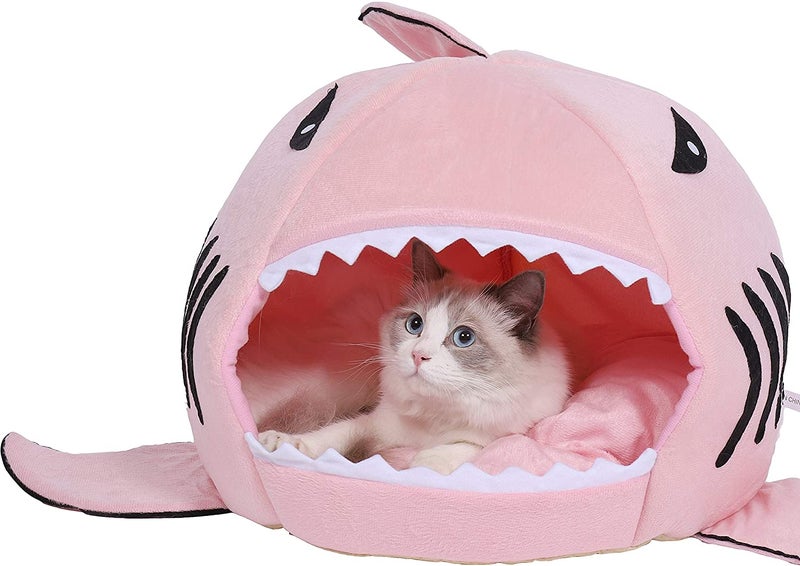 Shark Mouth Shaped Waterproof Warm Plush Pet House Pink Smallyard - Image 5